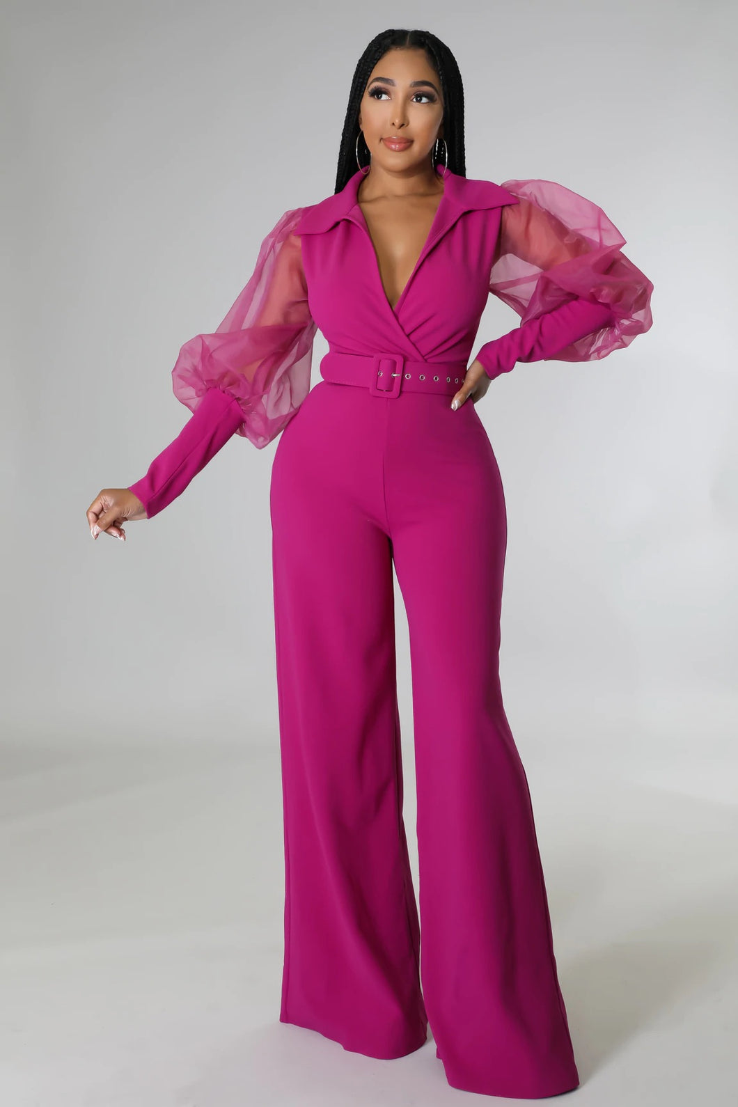 Material Girl - Mesh Sleeve Belted Jumpsuit (Magenta)