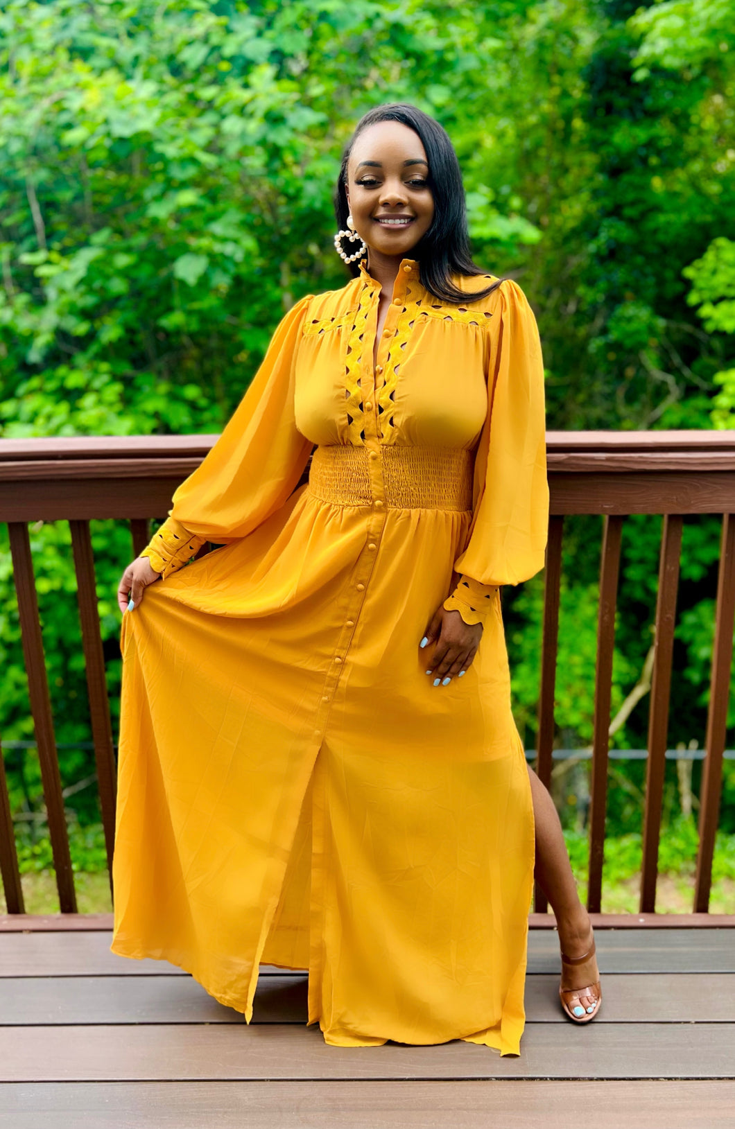 Peek-Through Mustard Maxi Dress