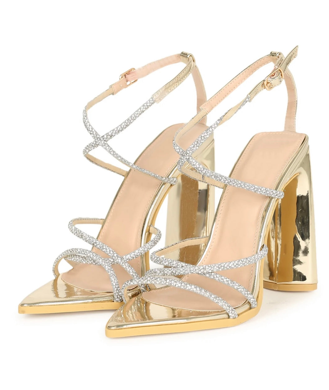 Gold Strappy Rhinestone Heels